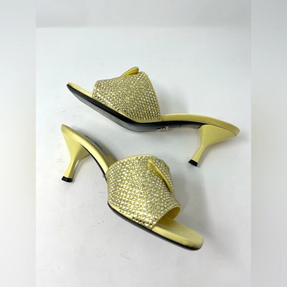 Prada Crystal Embellished Satin Mules Butter Yellow Triangle Logo Open Toe 37.5 - Picture 6 of 9